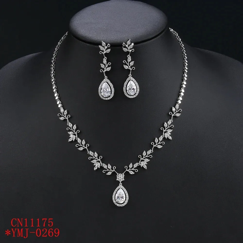 New Design Leaf  and Water Drops Necklace For Women Wedding Luxury Dubai Bridal White Zirconia Jewelry Set CN11175