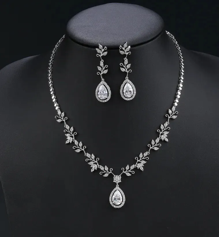 New Design Leaf  and Water Drops Necklace For Women Wedding Luxury Dubai Bridal White Zirconia Jewelry Set CN11175