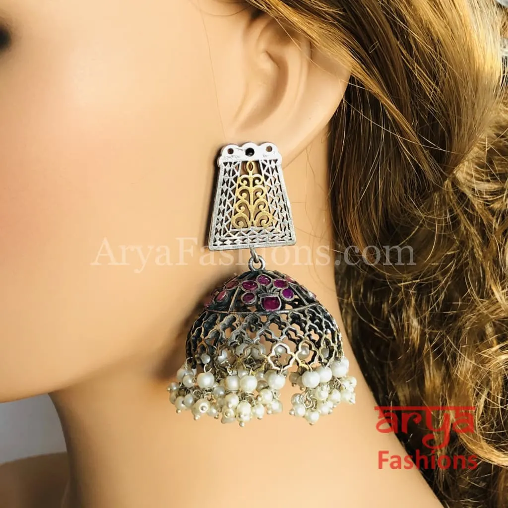 Oxidized Silver Tribal Earrings/Ethnic Jhumka/German Silver Jhumka with Pearl Drops