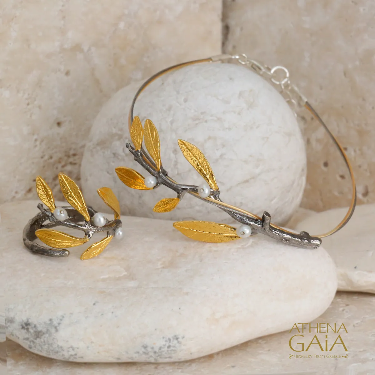 Pearl Olive Twig Bracelet
