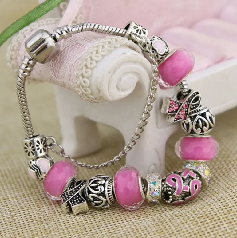 Pink Pearl Elegance Bangle - Beaded Pink Ribbon Bracelet