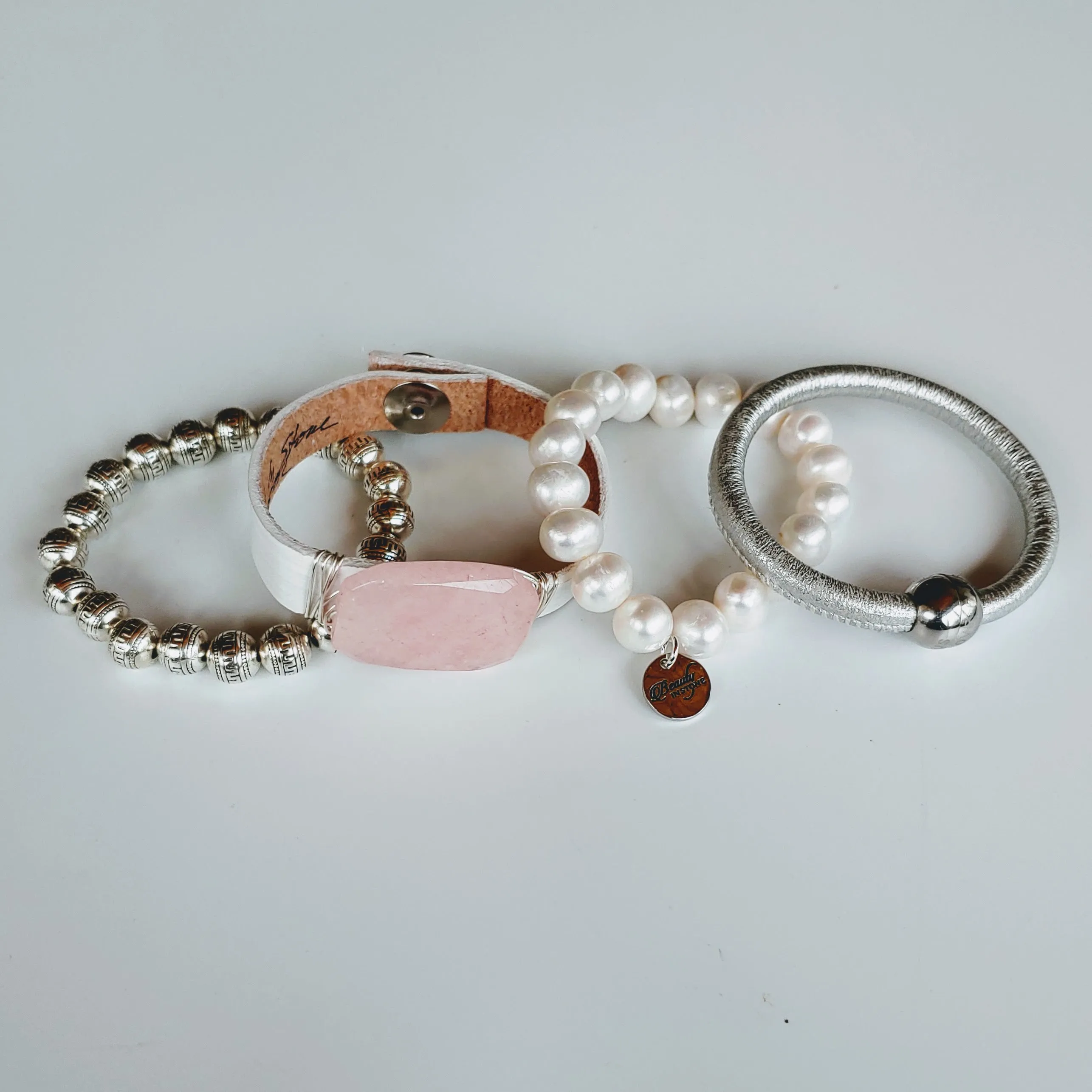 Pink, Silver, White Bracelet Stack Set