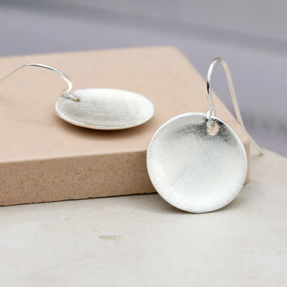 POM Silver Plated Scratched Concave Disc Earrings