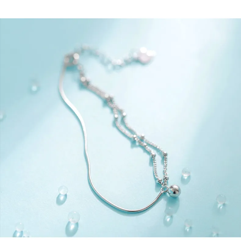 Pure Silver Full-body Minimalist Style Asymmetrical Double Layer Bracelet With Transfer Beads