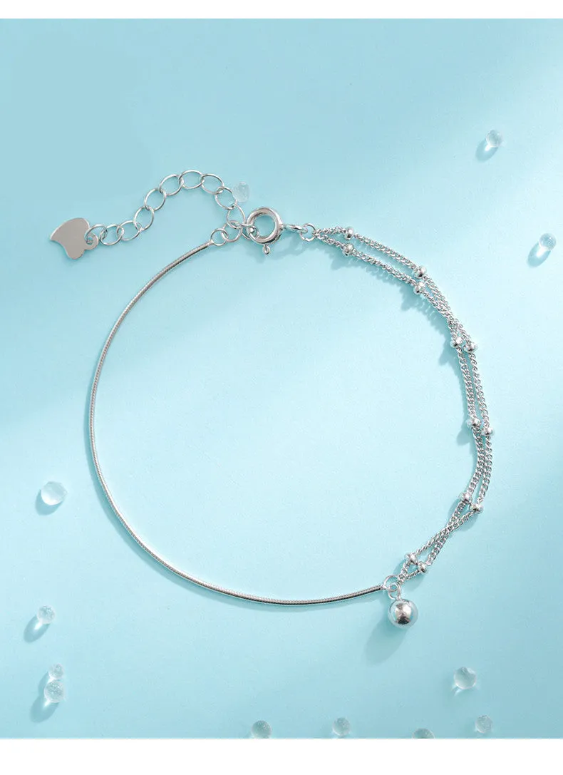 Pure Silver Full-body Minimalist Style Asymmetrical Double Layer Bracelet With Transfer Beads