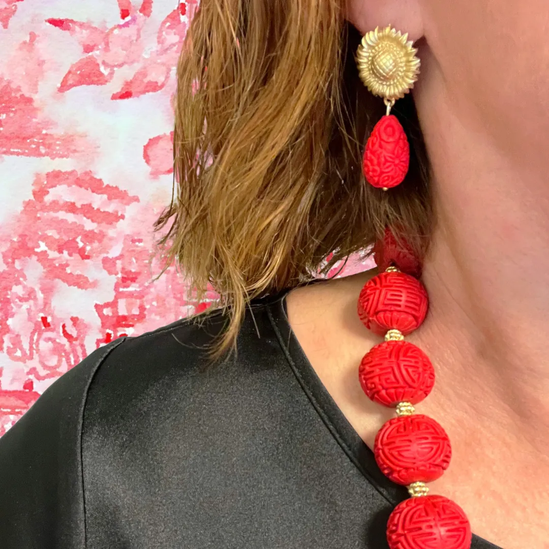 Red Cinnabar Sunflower Drop Earrings