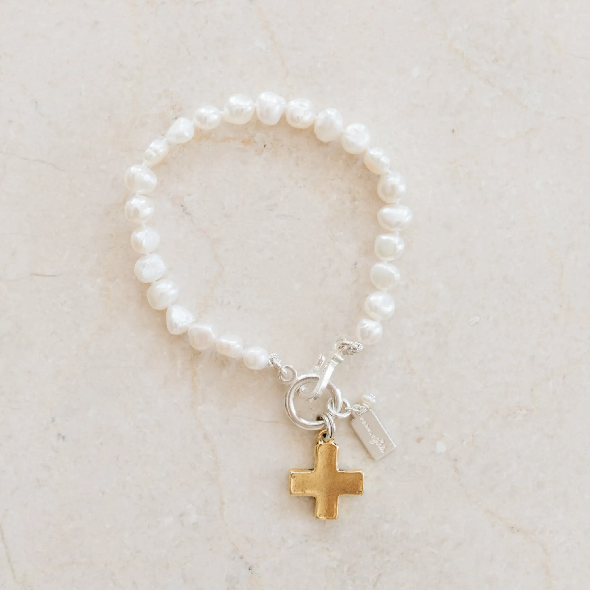 Reece Pearl Bracelet | Single Nugget Freshwater Pearl Bracelet with Matte Gold Cross | By Pearly Girls