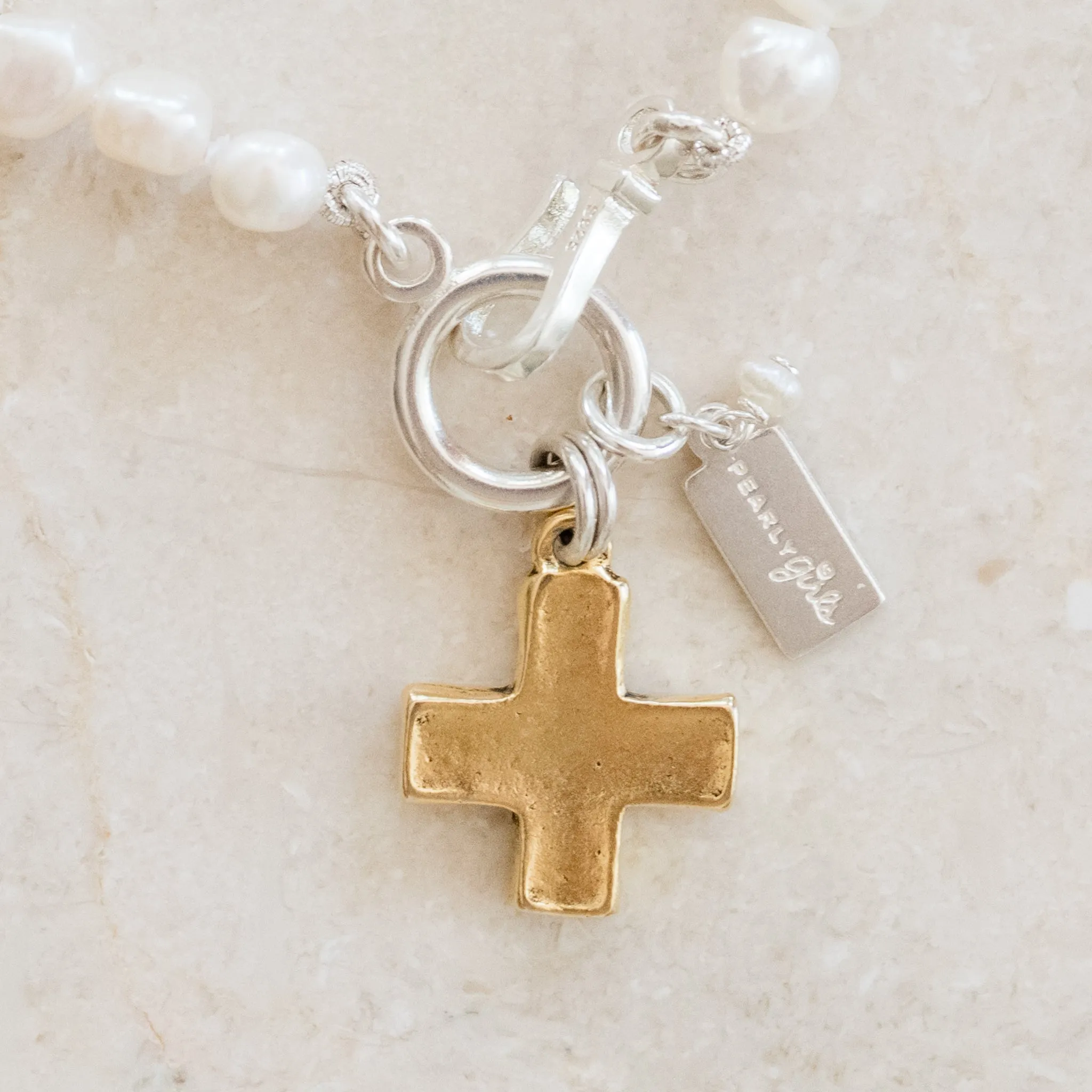 Reece Pearl Bracelet | Single Nugget Freshwater Pearl Bracelet with Matte Gold Cross | By Pearly Girls