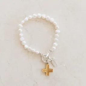 Reece Pearl Bracelet | Single Nugget Freshwater Pearl Bracelet with Matte Gold Cross | By Pearly Girls