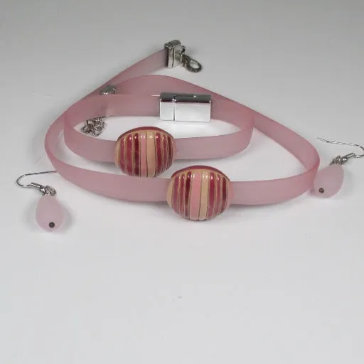 Ribbon Choker Bracelet & Sea Glass  Earrings Jewelry Set