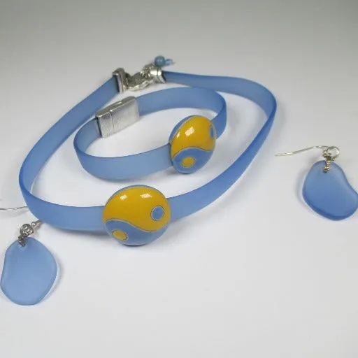 Ribbon Choker Bracelet & Sea Glass  Earrings Jewelry Set