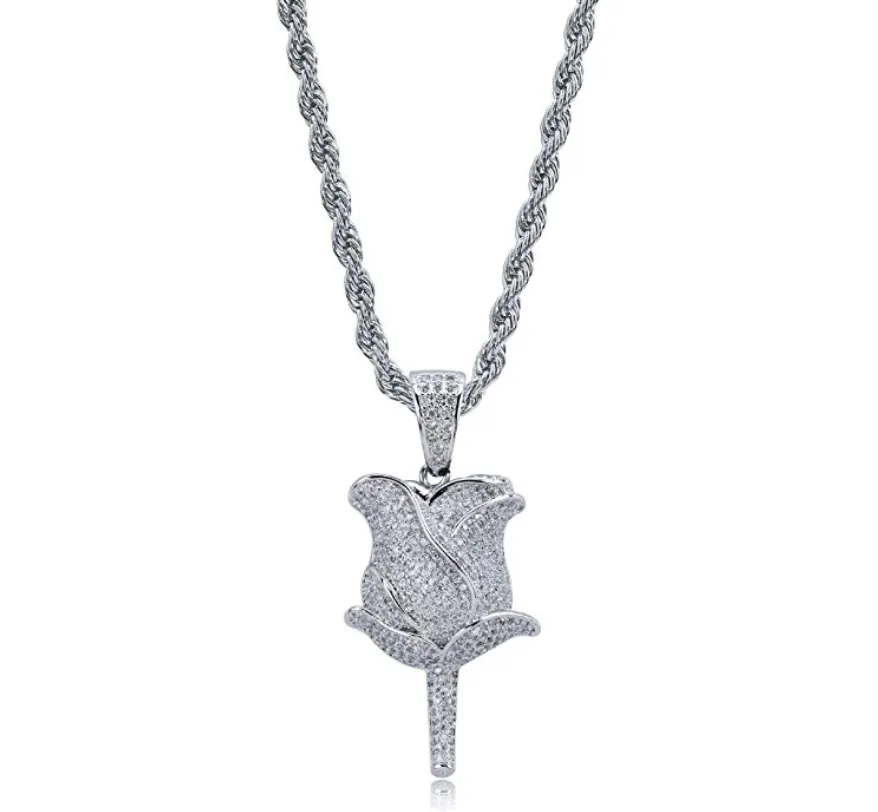 Rose Flower Chain Iced Out Diamond Lil Uzi Vert Necklace Hip Hop Floral Jewelry Gold Silver Color Metal Alloy 24in.