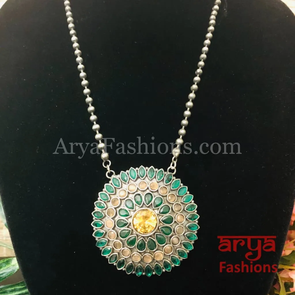 Round Multicolor Stones Oxidized Silver Pendant with Chain