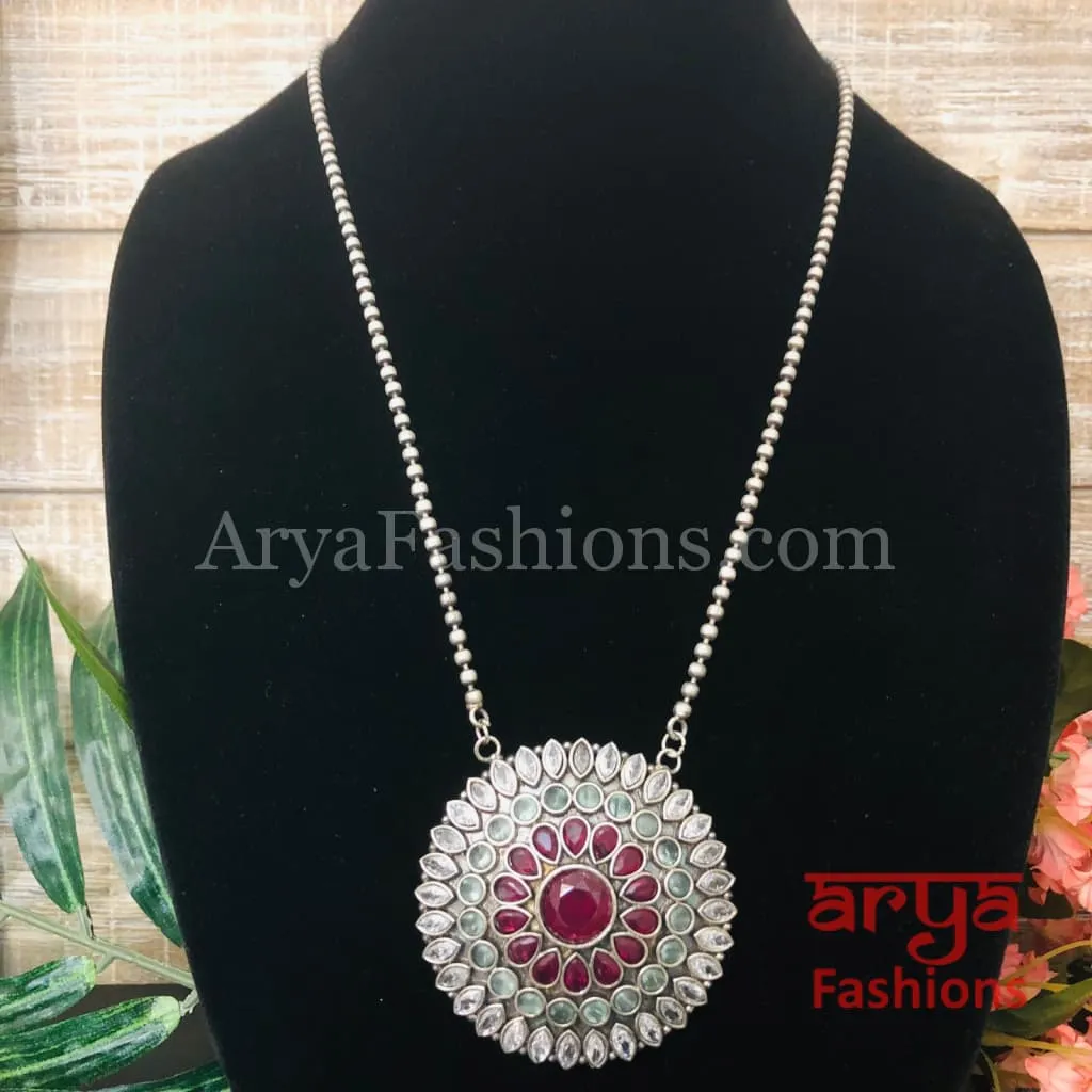 Round Multicolor Stones Oxidized Silver Pendant with Chain