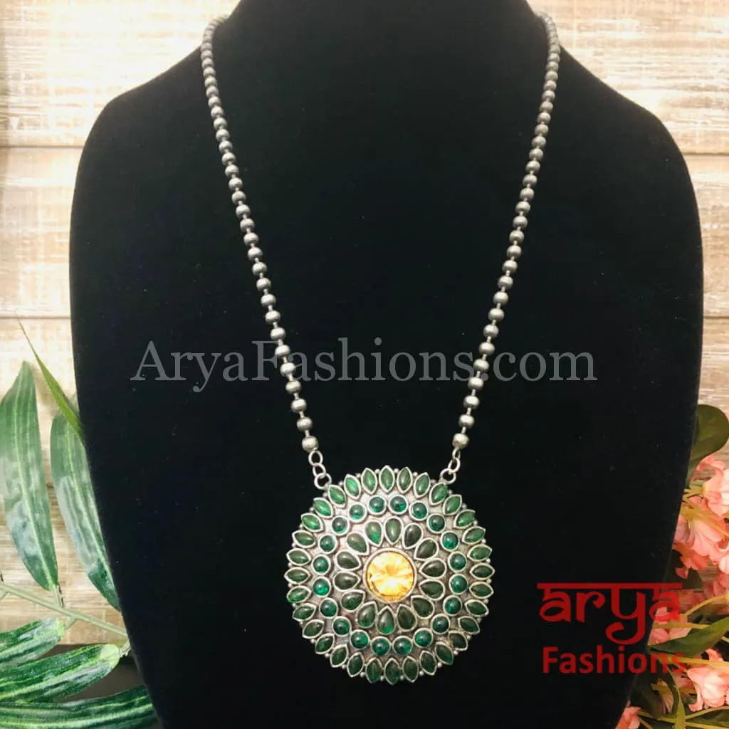Round Multicolor Stones Oxidized Silver Pendant with Chain