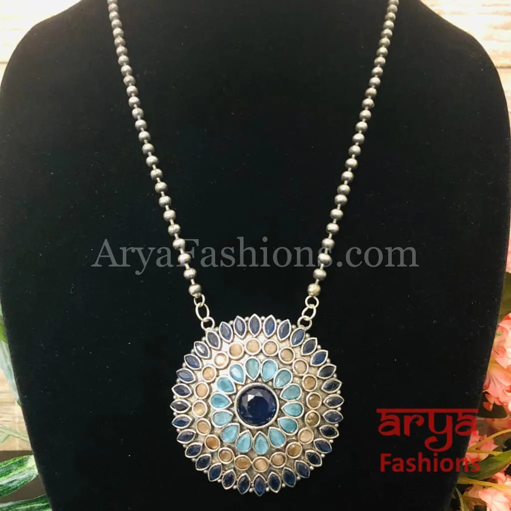 Round Multicolor Stones Oxidized Silver Pendant with Chain