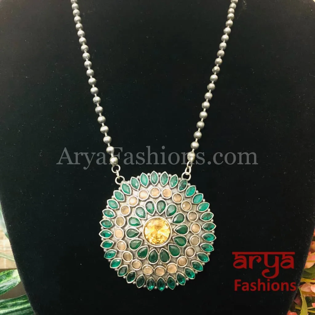 Round Multicolor Stones Oxidized Silver Pendant with Chain