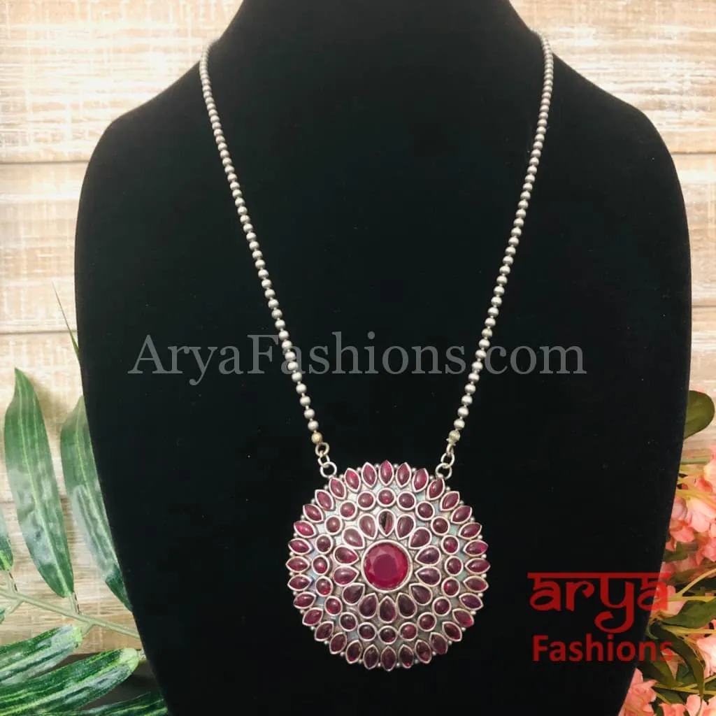 Round Multicolor Stones Oxidized Silver Pendant with Chain