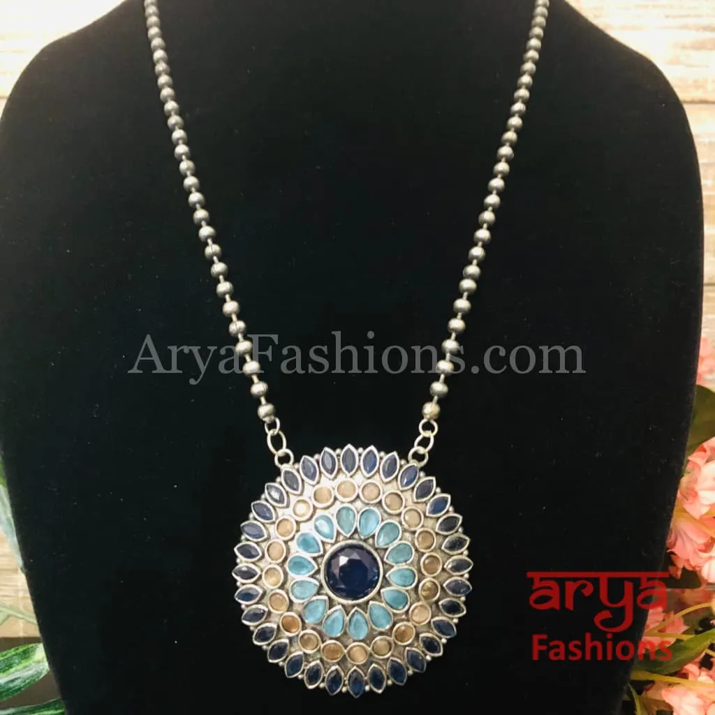 Round Multicolor Stones Oxidized Silver Pendant with Chain