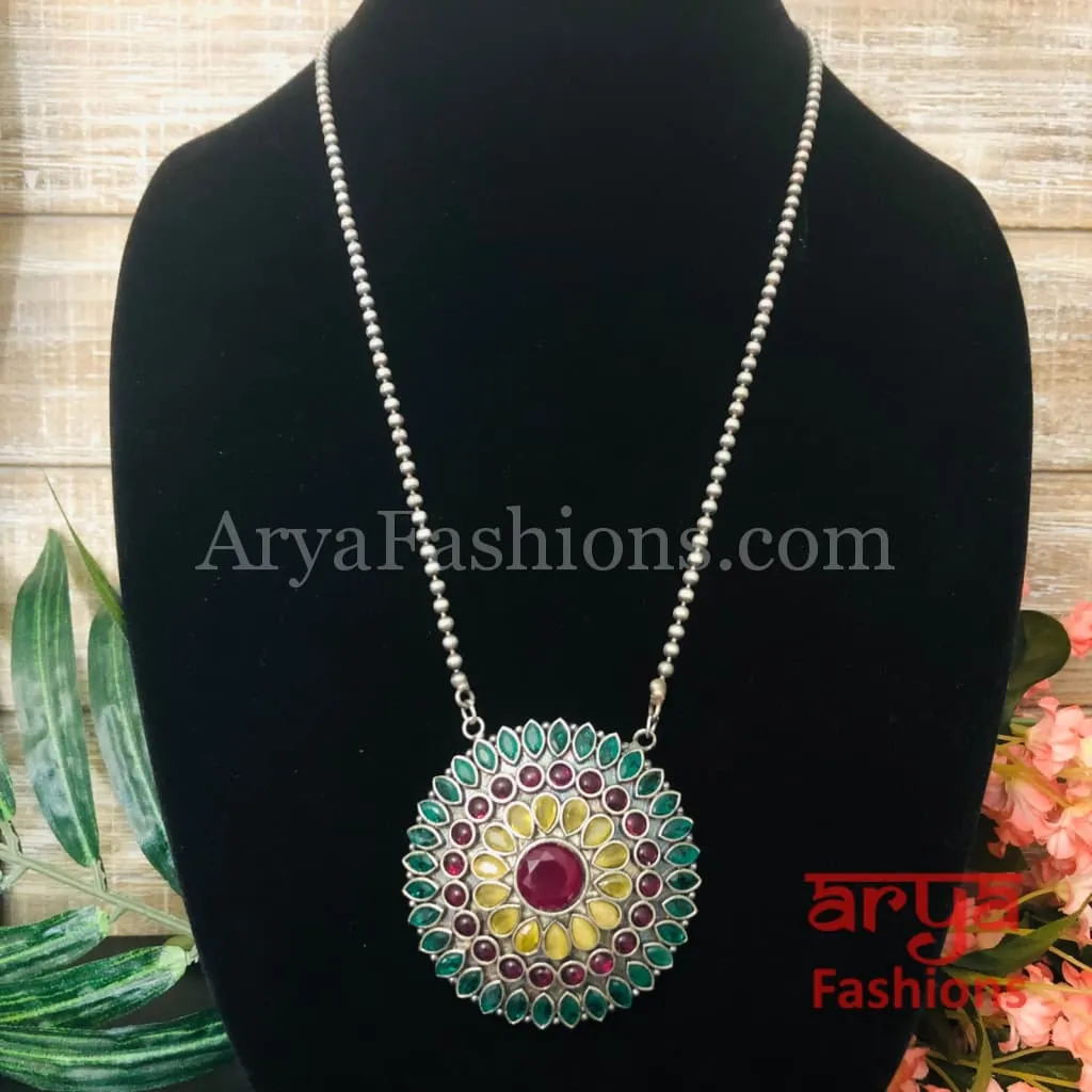 Round Multicolor Stones Oxidized Silver Pendant with Chain