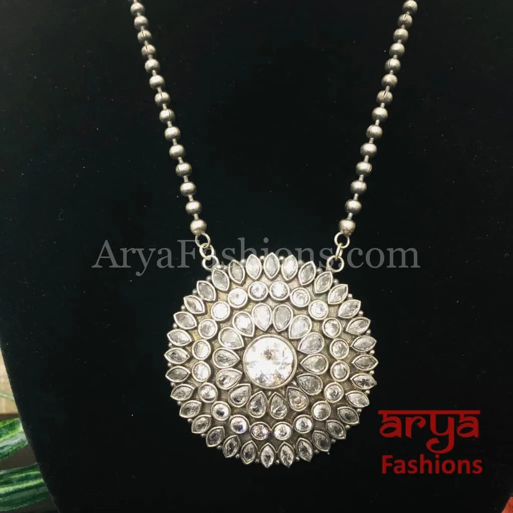 Round Multicolor Stones Oxidized Silver Pendant with Chain