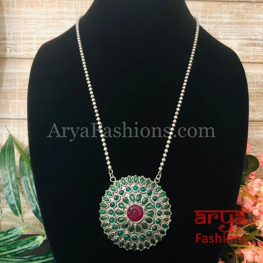 Round Multicolor Stones Oxidized Silver Pendant with Chain