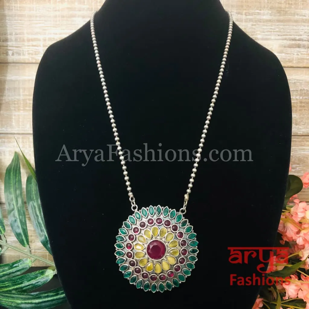 Round Multicolor Stones Oxidized Silver Pendant with Chain