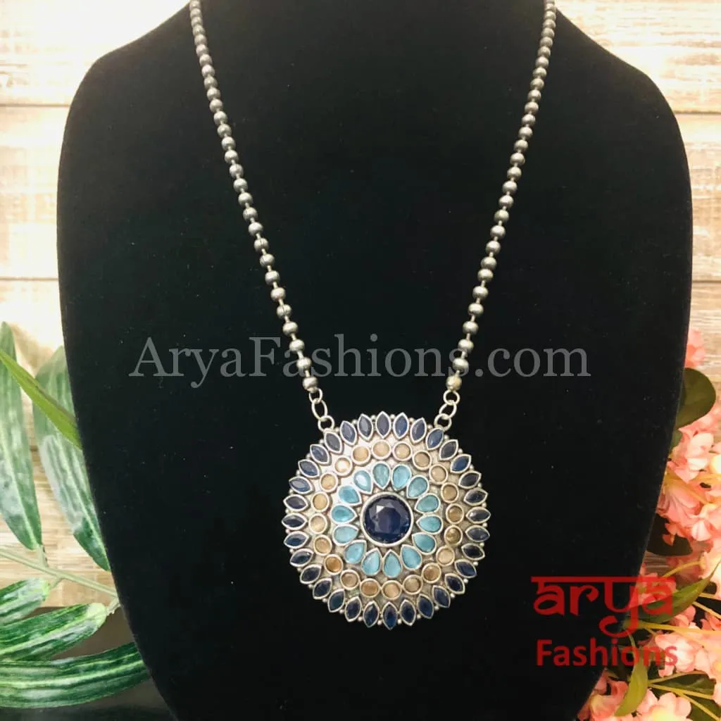 Round Multicolor Stones Oxidized Silver Pendant with Chain