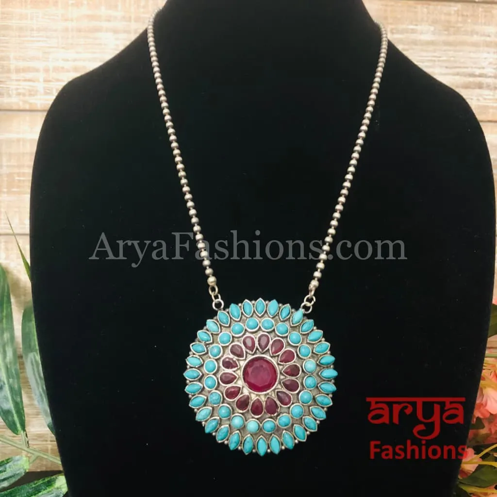 Round Multicolor Stones Oxidized Silver Pendant with Chain