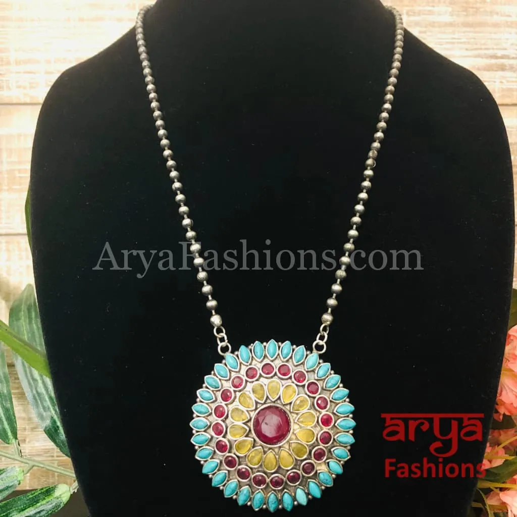 Round Multicolor Stones Oxidized Silver Pendant with Chain