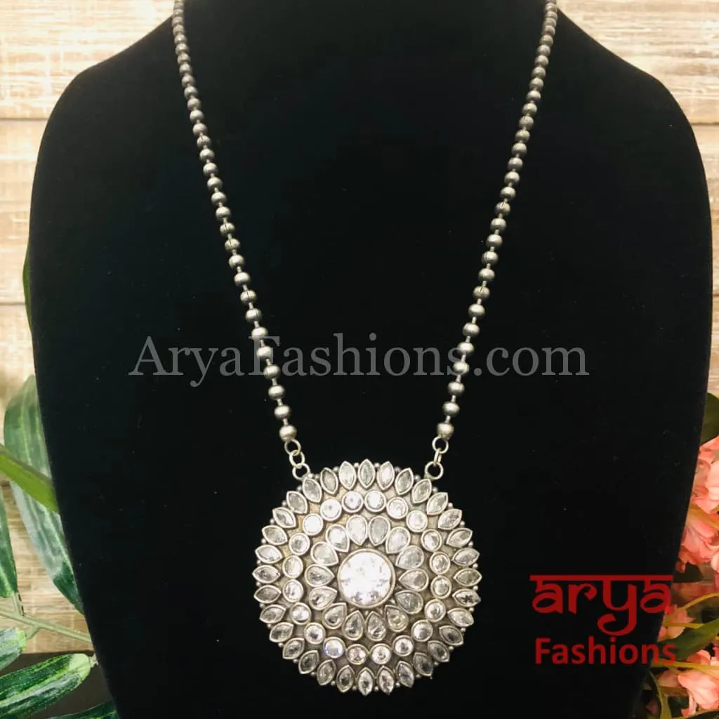Round Multicolor Stones Oxidized Silver Pendant with Chain
