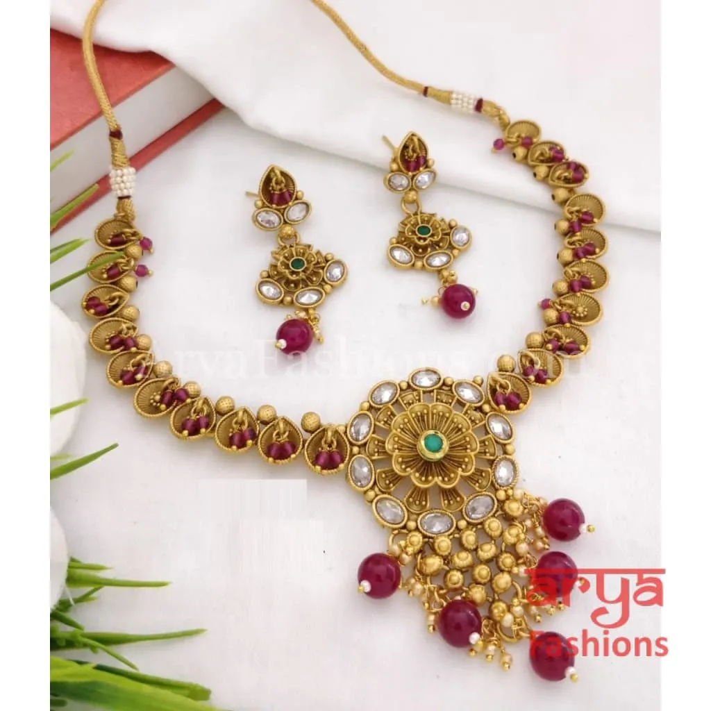 Rumi Antique Golden Necklace set with Kundan, Meenakari and Cheed beads