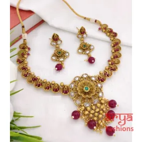 Rumi Antique Golden Necklace set with Kundan, Meenakari and Cheed beads