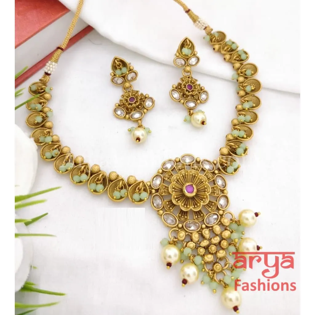Rumi Antique Golden Necklace set with Kundan, Meenakari and Cheed beads
