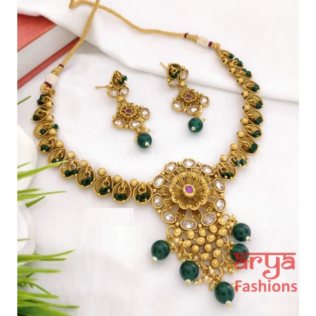 Rumi Antique Golden Necklace set with Kundan, Meenakari and Cheed beads