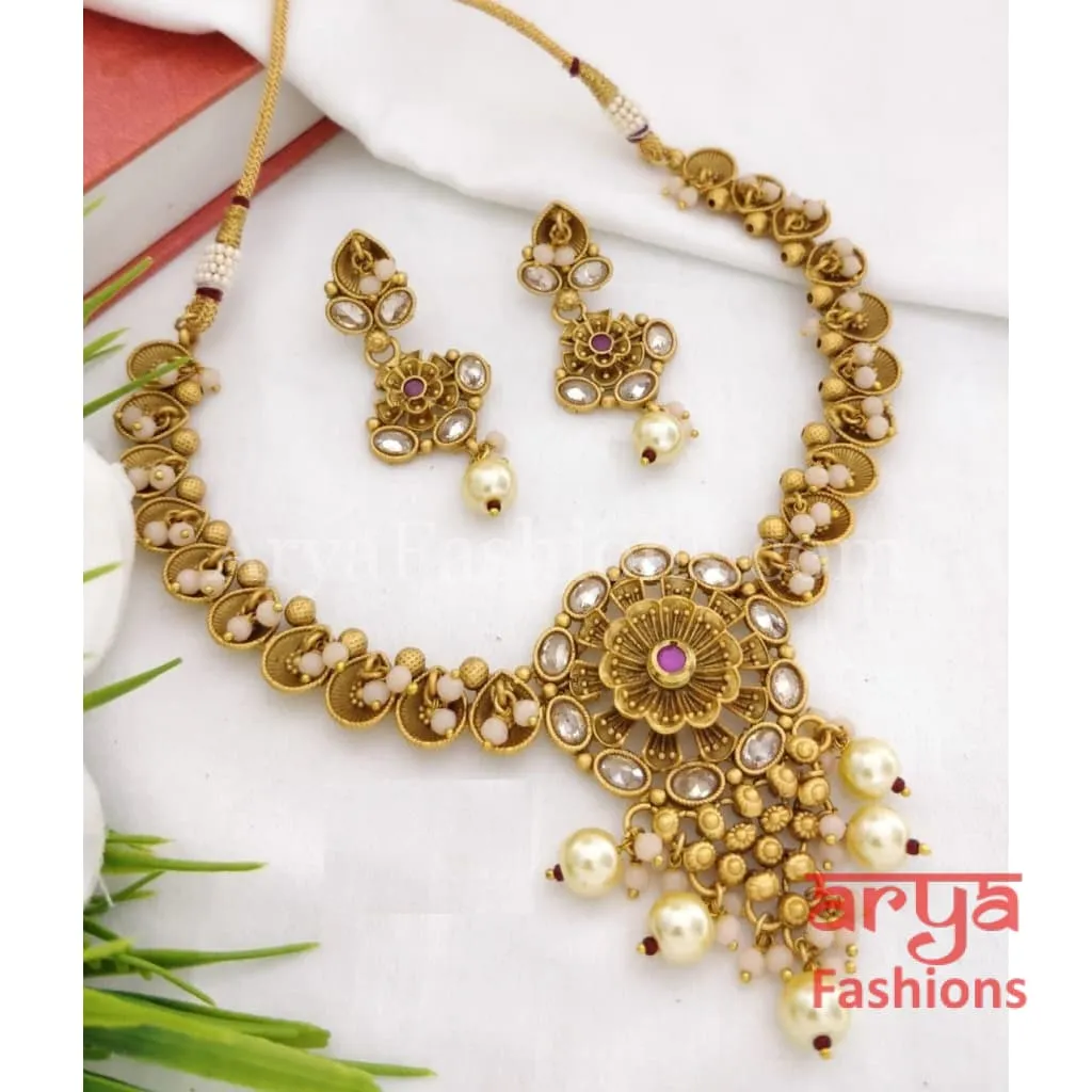 Rumi Antique Golden Necklace set with Kundan, Meenakari and Cheed beads