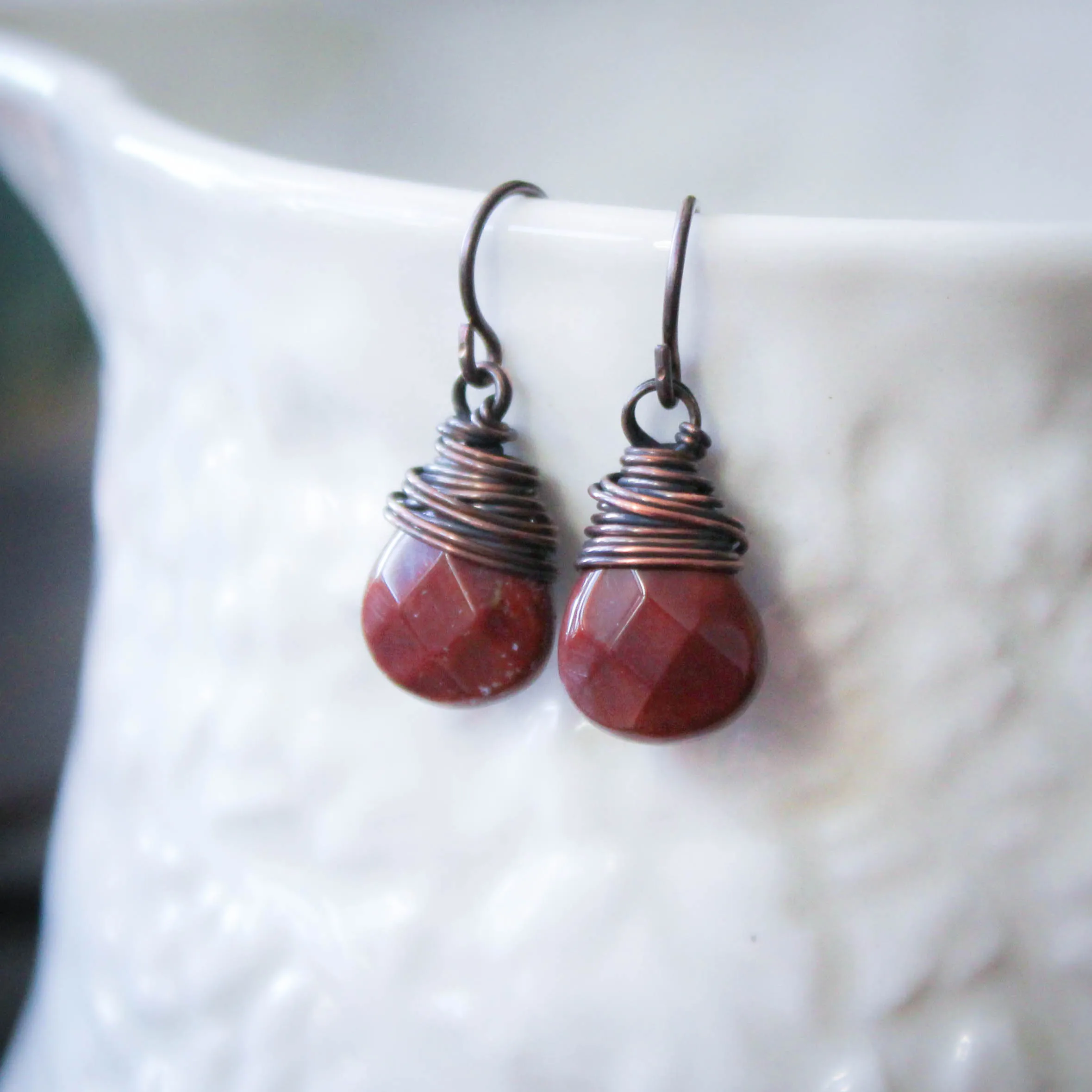Rustic Red Agate and Copper Drop Earrings with Hypoallergenic Ear Wires.