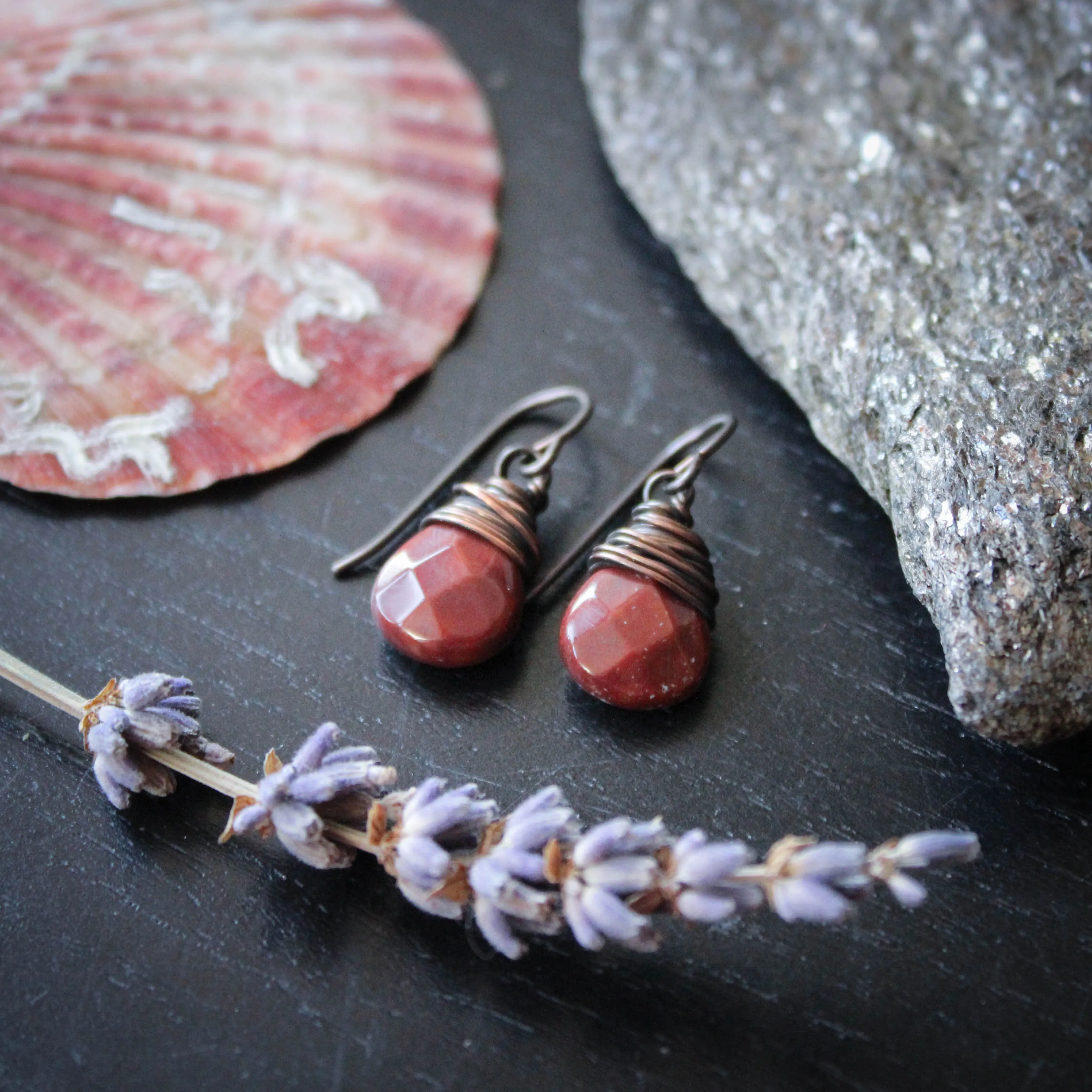Rustic Red Agate and Copper Drop Earrings with Hypoallergenic Ear Wires.