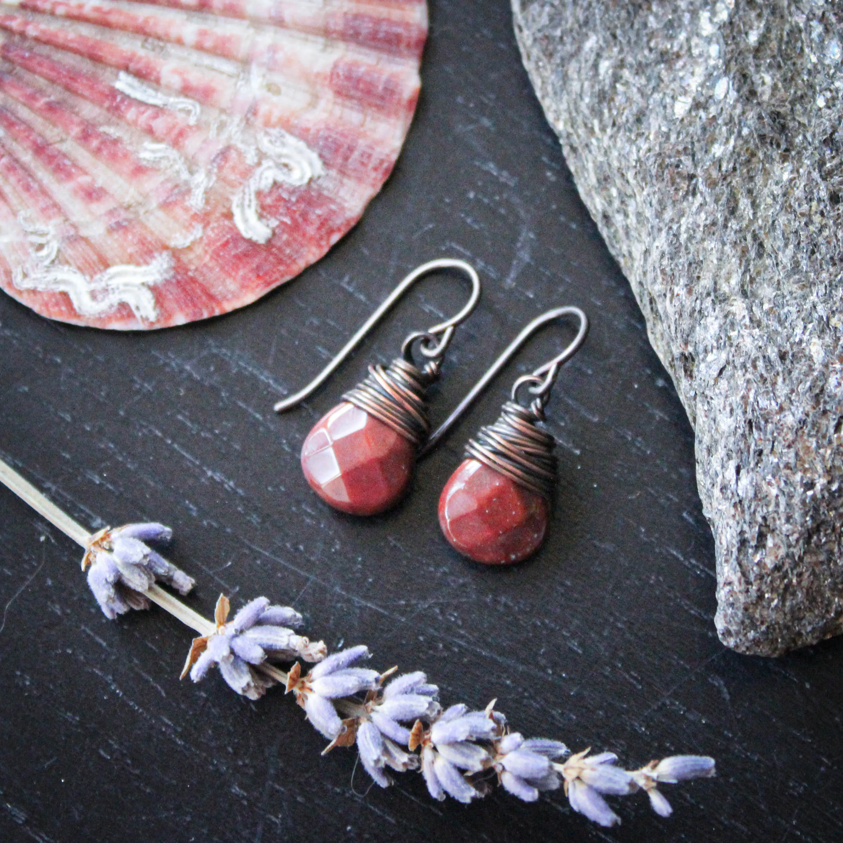 Rustic Red Agate and Copper Drop Earrings with Hypoallergenic Ear Wires.