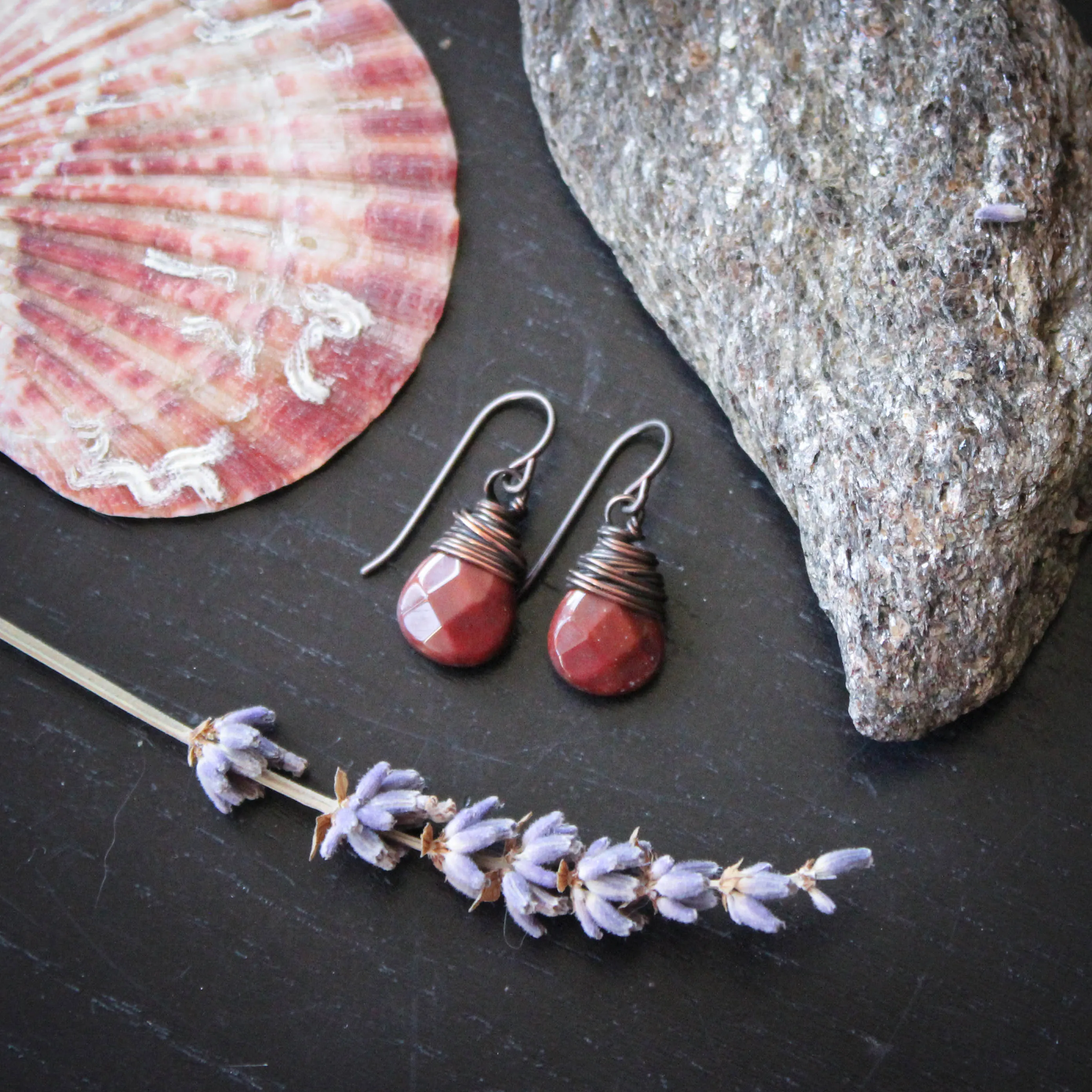 Rustic Red Agate and Copper Drop Earrings with Hypoallergenic Ear Wires.