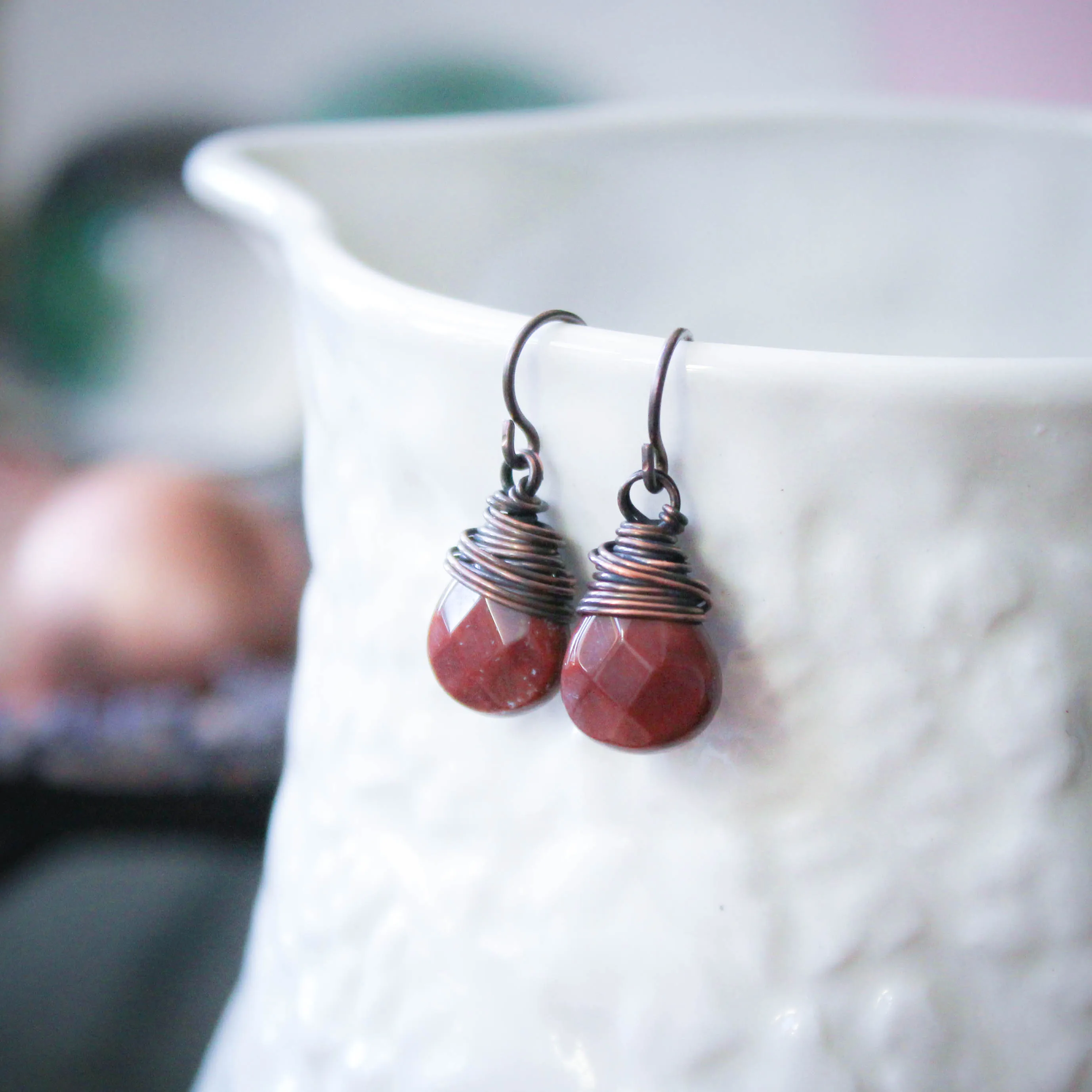 Rustic Red Agate and Copper Drop Earrings with Hypoallergenic Ear Wires.