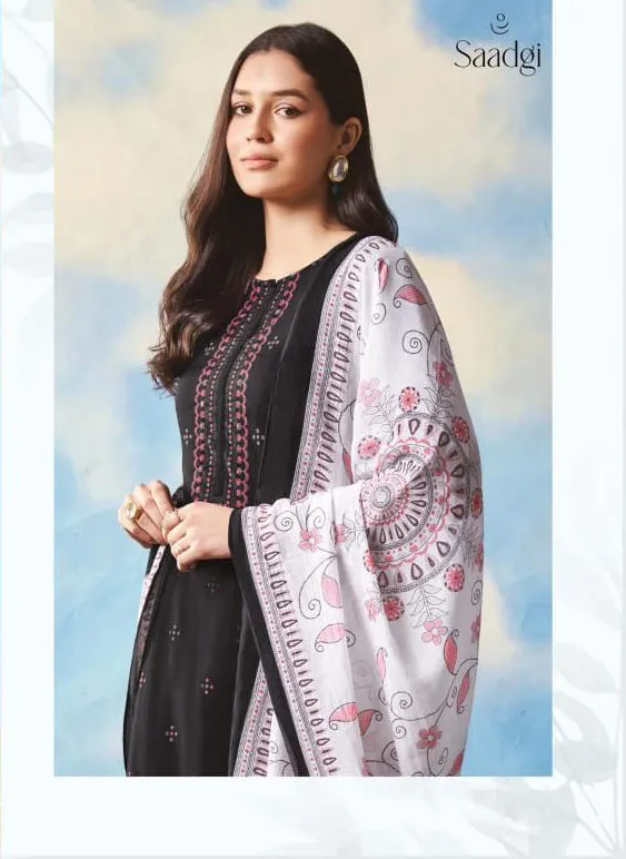 Saadgi Cambric Cotton Women Unstitched Black Suit Set