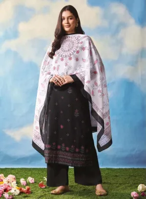 Saadgi Cambric Cotton Women Unstitched Black Suit Set