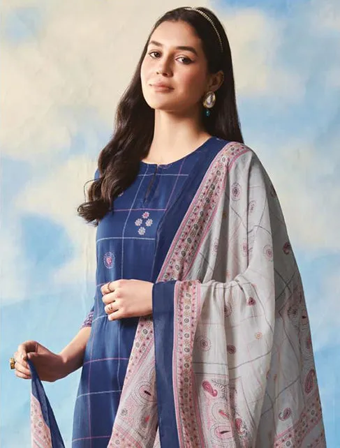 Saadgi Cambric Cotton Women Unstitched Blue Suit Set