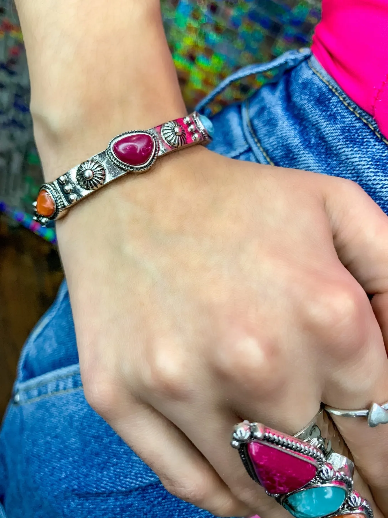 Santa Fee Multi Color Stone Bracelet - Silver