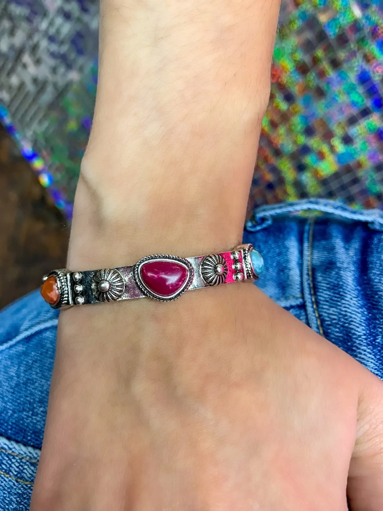Santa Fee Multi Color Stone Bracelet - Silver