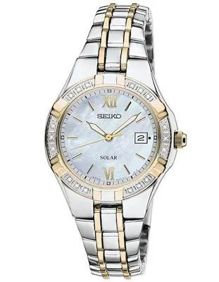 Seiko Solar Diamond Ladies Watch - MOP Dial - Stainless Steel with Gold-Tone