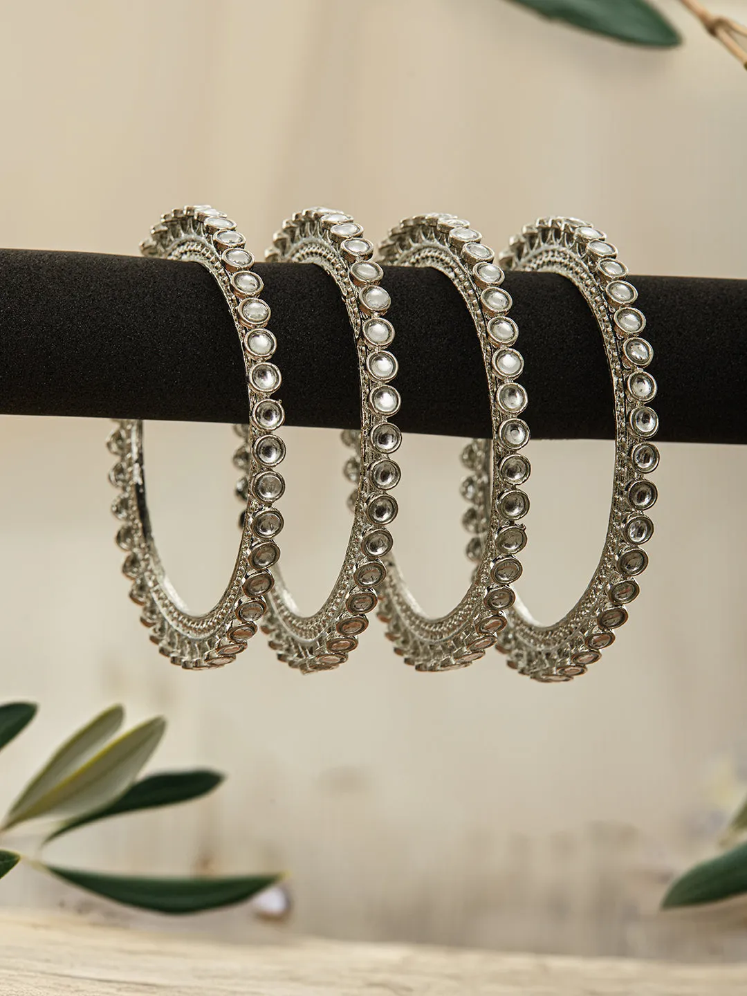 Set Of 4 Silver-Plated Stone-Studded Oxidized Bangles