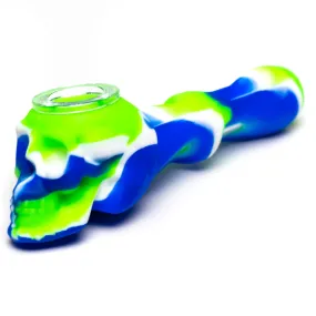 Shooters - 5" Silicone & Glass Hand Pipe - Skull - Green, Blue & White