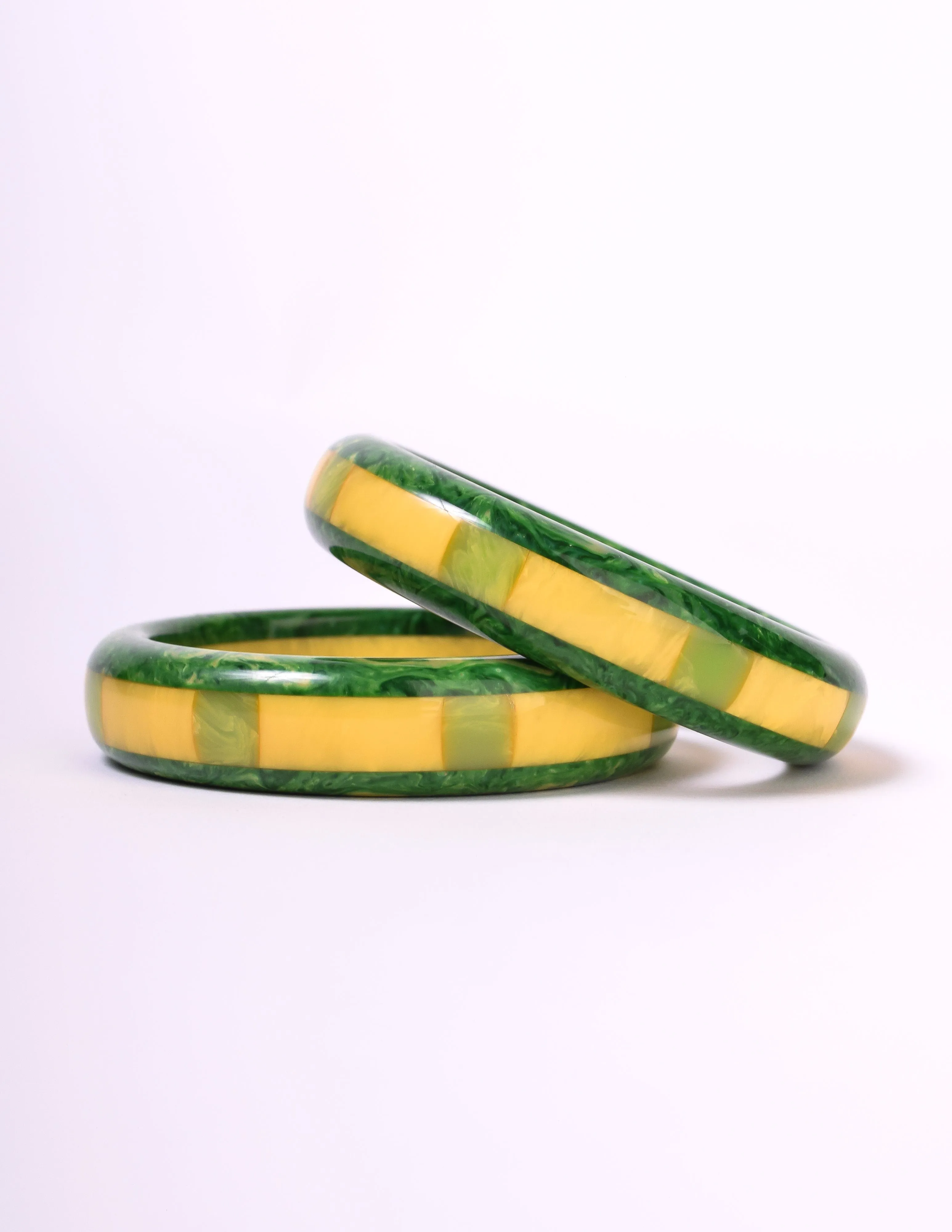 Shultz Reworked Vintage Pair of Green Yellow Marbled Inlay Bakelite Bracelets